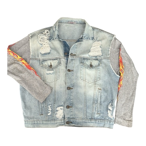 Carmar Denim Jacket w/Flames on Sleeves,”Pink Floyd The Wall”, P2P:23.5”, L:25” - Picture 3 of 14